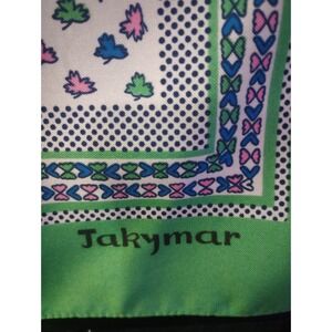 Vintage Takymar 20" Square Scarf – Green Border, Polka Dots & Pastel Leaf Print